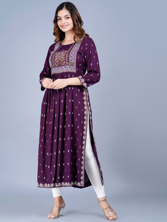 Women Ethnic Motifs Printed Mirror Work Summer Sheers Anarkali Kurta