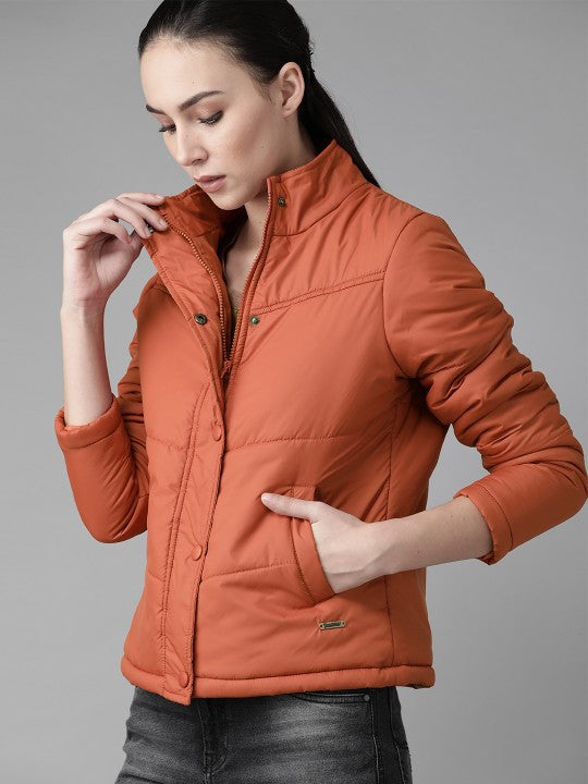 Women Maroon Solid Padded Jacket