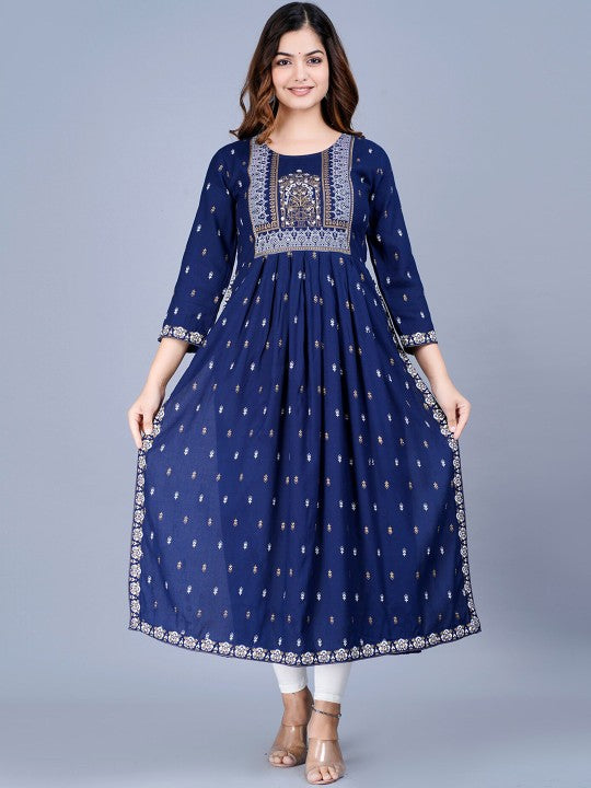 Women Ethnic Motifs Printed Mirror Work Summer Sheers Anarkali Kurta