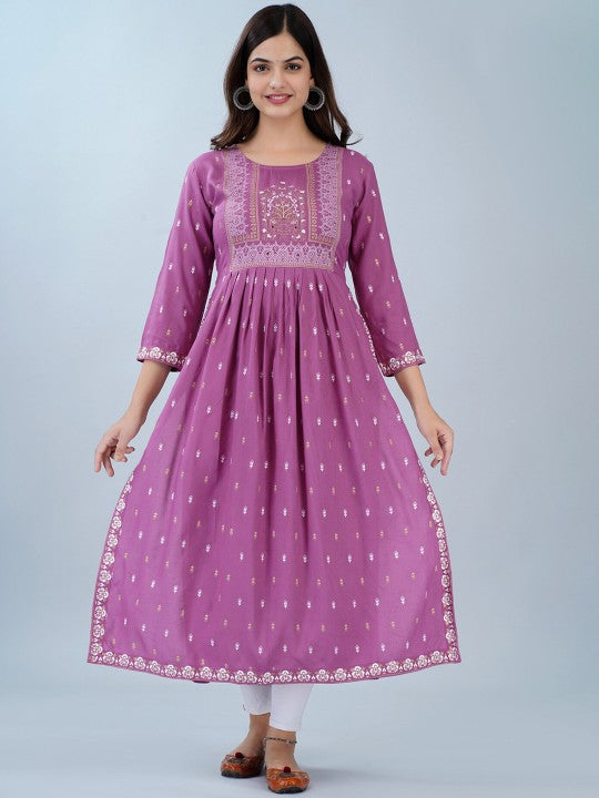 Women Ethnic Motifs Printed Mirror Work Summer Sheers Anarkali Kurta