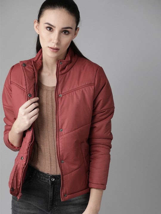 women-maroon-solid-padded-jacket