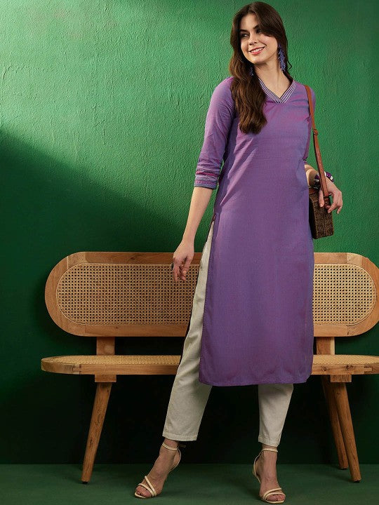 Burgundy V-Neck Thread Work Pure Cotton Straight Kurta