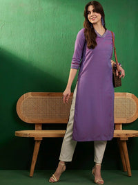 Thumbnail for Burgundy V-Neck Thread Work Pure Cotton Straight Kurta