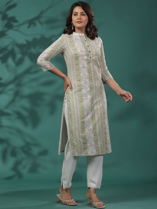 Ethnic Motifs Printed Band Collar Cotton Straight Kurta