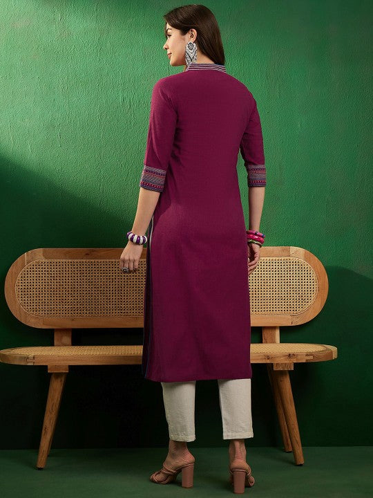 burgundy-v-neck-thread-work-pure-cotton-straight-kurta