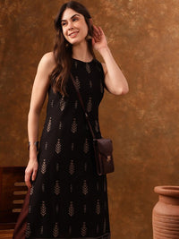 Thumbnail for black-ethnic-motifs-printed-sleeveless-straight-kurta