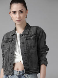 Thumbnail for women-charcoal-solid-pure-cotton-denim-jacket