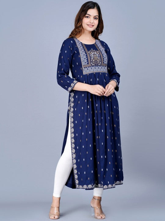 Women Ethnic Motifs Printed Mirror Work Summer Sheers Anarkali Kurta