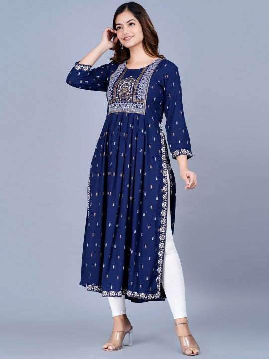 Women Ethnic Motifs Printed Mirror Work Summer Sheers Anarkali Kurta