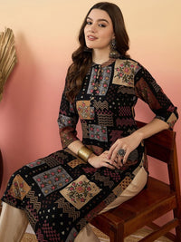 Thumbnail for ethnic-motifs-printed-beads-and-stones-mandarin-collar-a-line-kurta