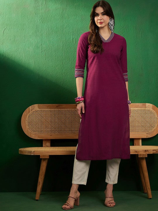 burgundy-v-neck-thread-work-pure-cotton-straight-kurta