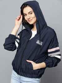 Thumbnail for women-navy-blue-solid-lightweight-hooded-bomber-jacket