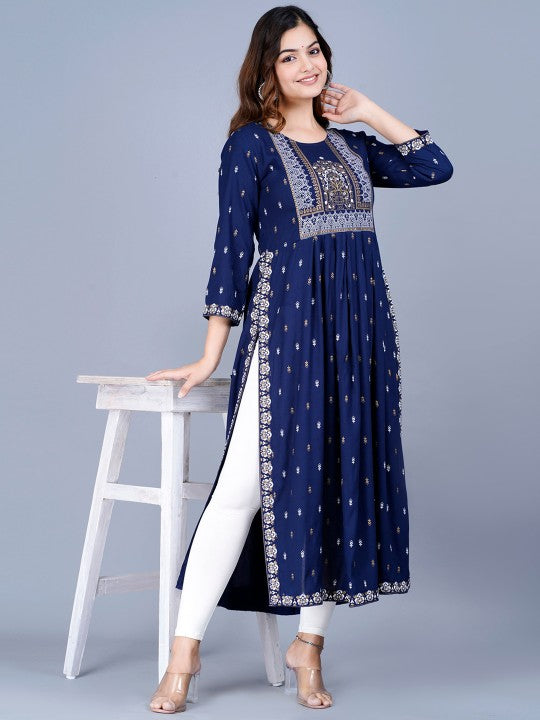 Women Ethnic Motifs Printed Mirror Work Summer Sheers Anarkali Kurta