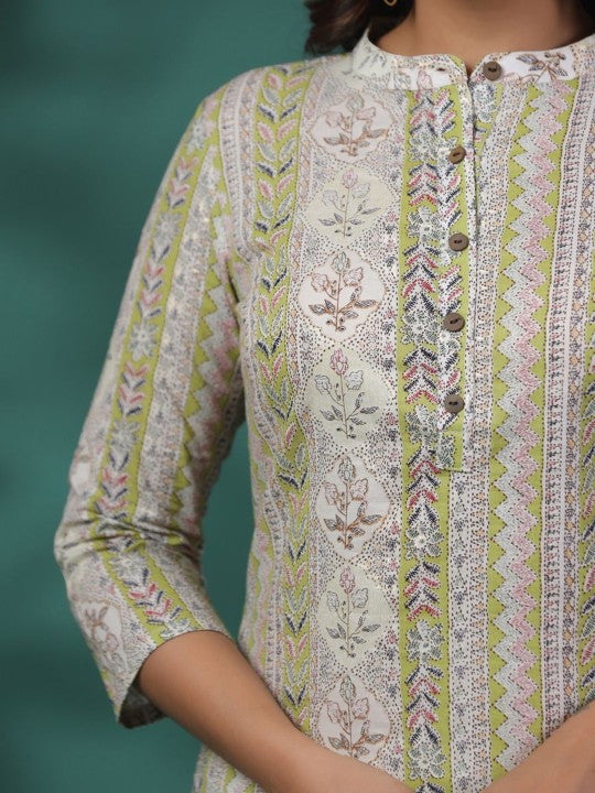 Ethnic Motifs Printed Band Collar Cotton Straight Kurta