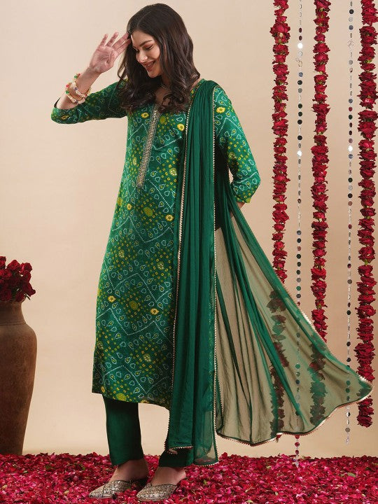 Bandhani Printed Round Neck Straight Kurta With Trousers & Dupatta