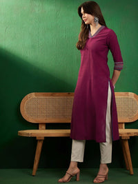 Thumbnail for burgundy-v-neck-thread-work-pure-cotton-straight-kurta