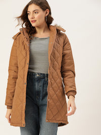 Thumbnail for dressberry-women-brown-longline-quilted-parka-jacket