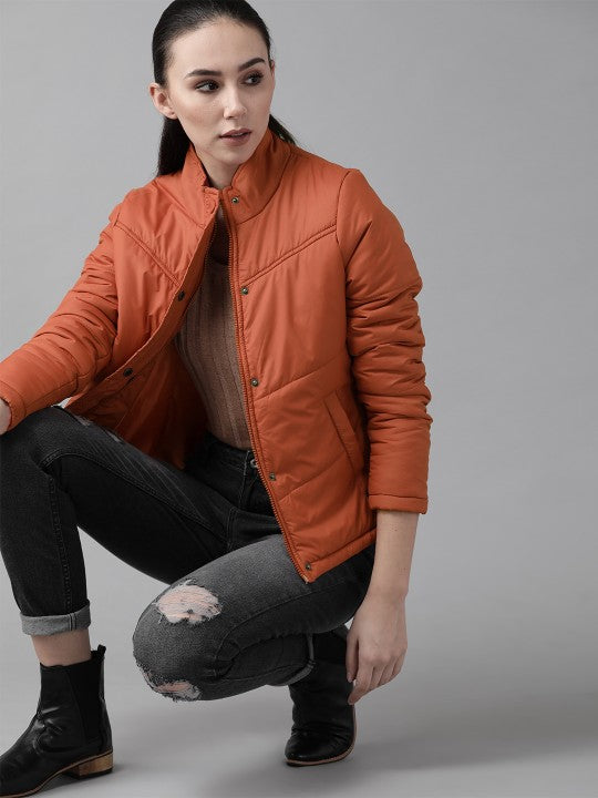 Women Maroon Solid Padded Jacket