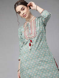 Thumbnail for calm-blue-and-beige-ethnic-motifs-print-kurta