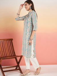 Thumbnail for ethnic-motifs-printed-band-collar-cotton-straight-kurta