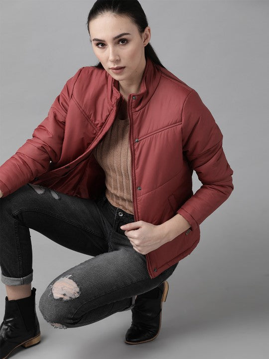 women-maroon-solid-padded-jacket