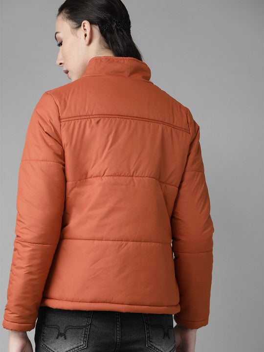 Women Maroon Solid Padded Jacket