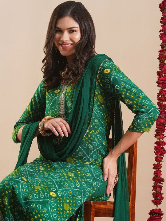 Bandhani Printed Round Neck Straight Kurta With Trousers & Dupatta