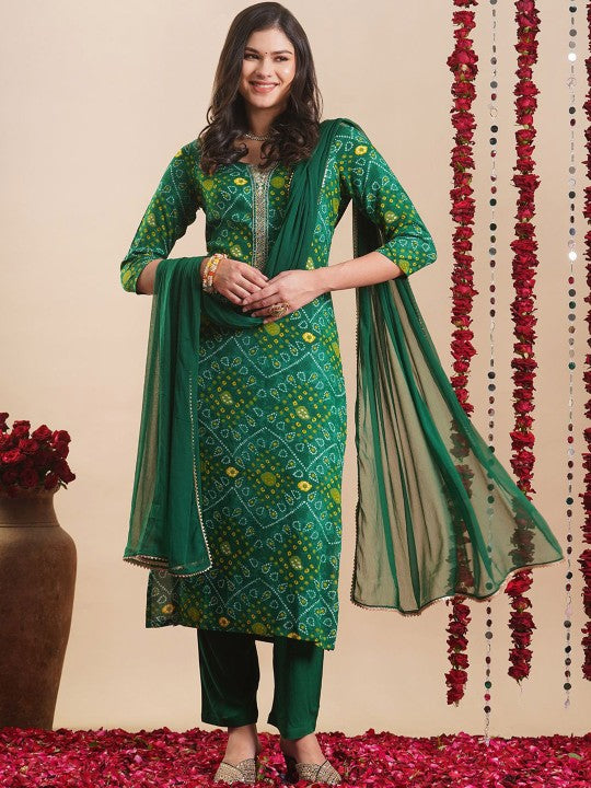 Bandhani Printed Round Neck Straight Kurta With Trousers & Dupatta