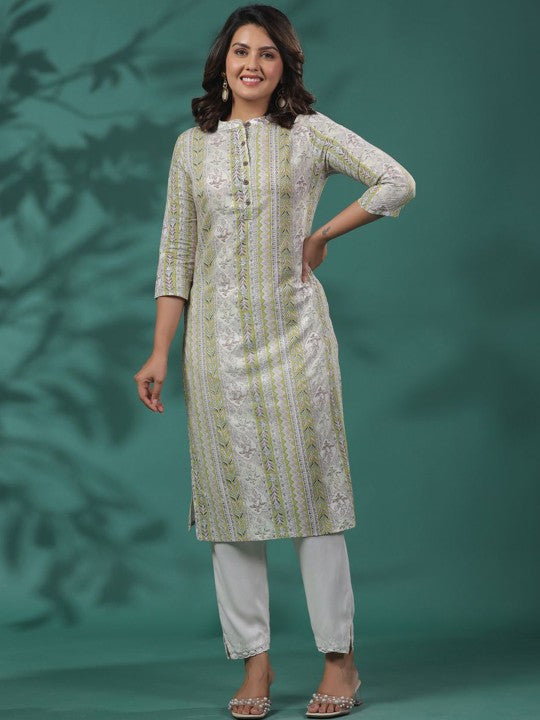 Ethnic Motifs Printed Band Collar Cotton Straight Kurta