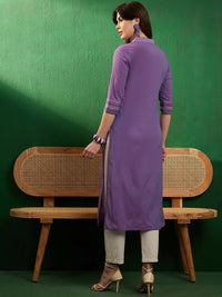 Thumbnail for Burgundy V-Neck Thread Work Pure Cotton Straight Kurta