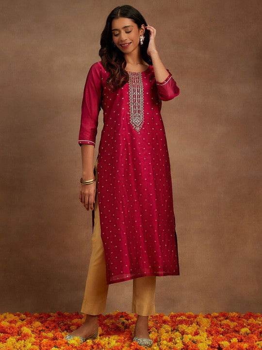 Ethnic Motifs Embroidered Chanderi Silk Straight Kurta