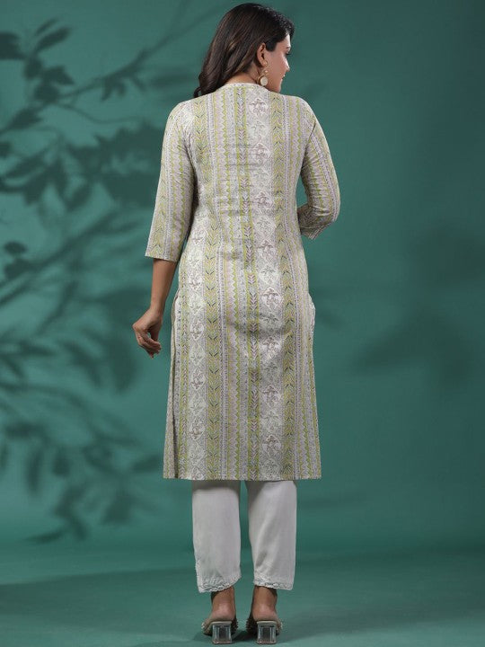 Ethnic Motifs Printed Band Collar Cotton Straight Kurta