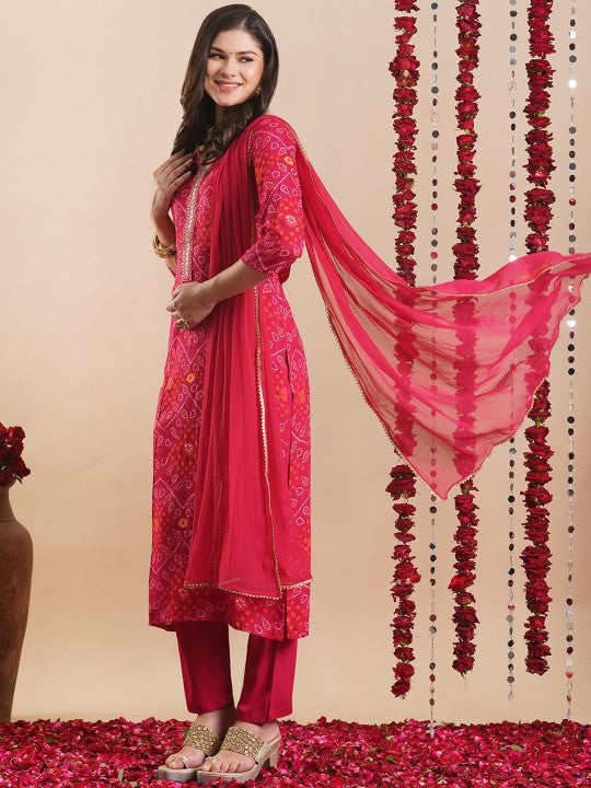 Bandhani Printed Round Neck Straight Kurta With Trousers & Dupatta