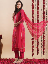 Thumbnail for Bandhani Printed Round Neck Straight Kurta With Trousers & Dupatta