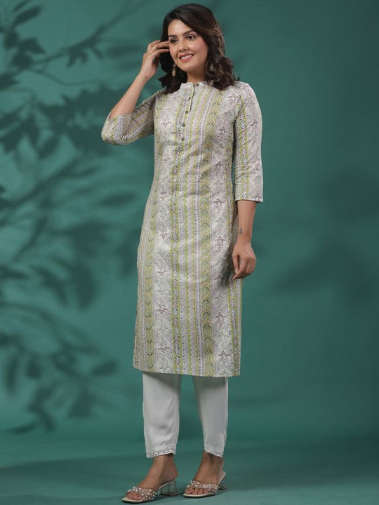 Ethnic Motifs Printed Band Collar Cotton Straight Kurta