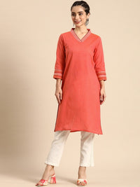 Thumbnail for Burgundy V-Neck Thread Work Pure Cotton Straight Kurta