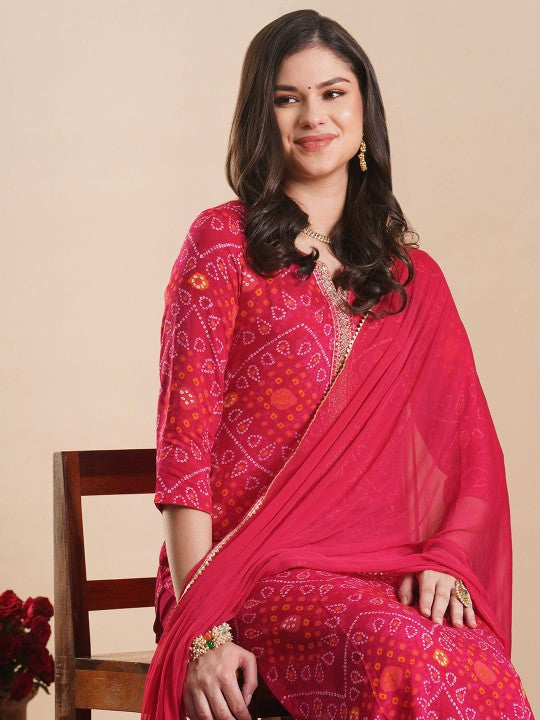 Bandhani Printed Round Neck Straight Kurta With Trousers & Dupatta