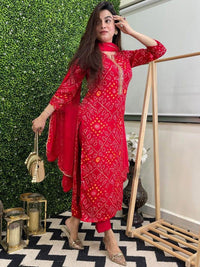 Thumbnail for bandhani-printed-round-neck-straight-kurta-with-trousers-&-dupatta