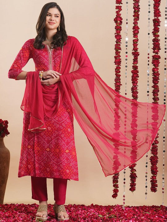 Bandhani Printed Round Neck Straight Kurta With Trousers & Dupatta