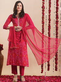 Thumbnail for Bandhani Printed Round Neck Straight Kurta With Trousers & Dupatta