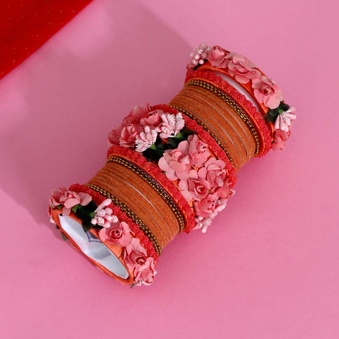 peach color rose floral bangles set: 2.6 (trb125pch-2.6)