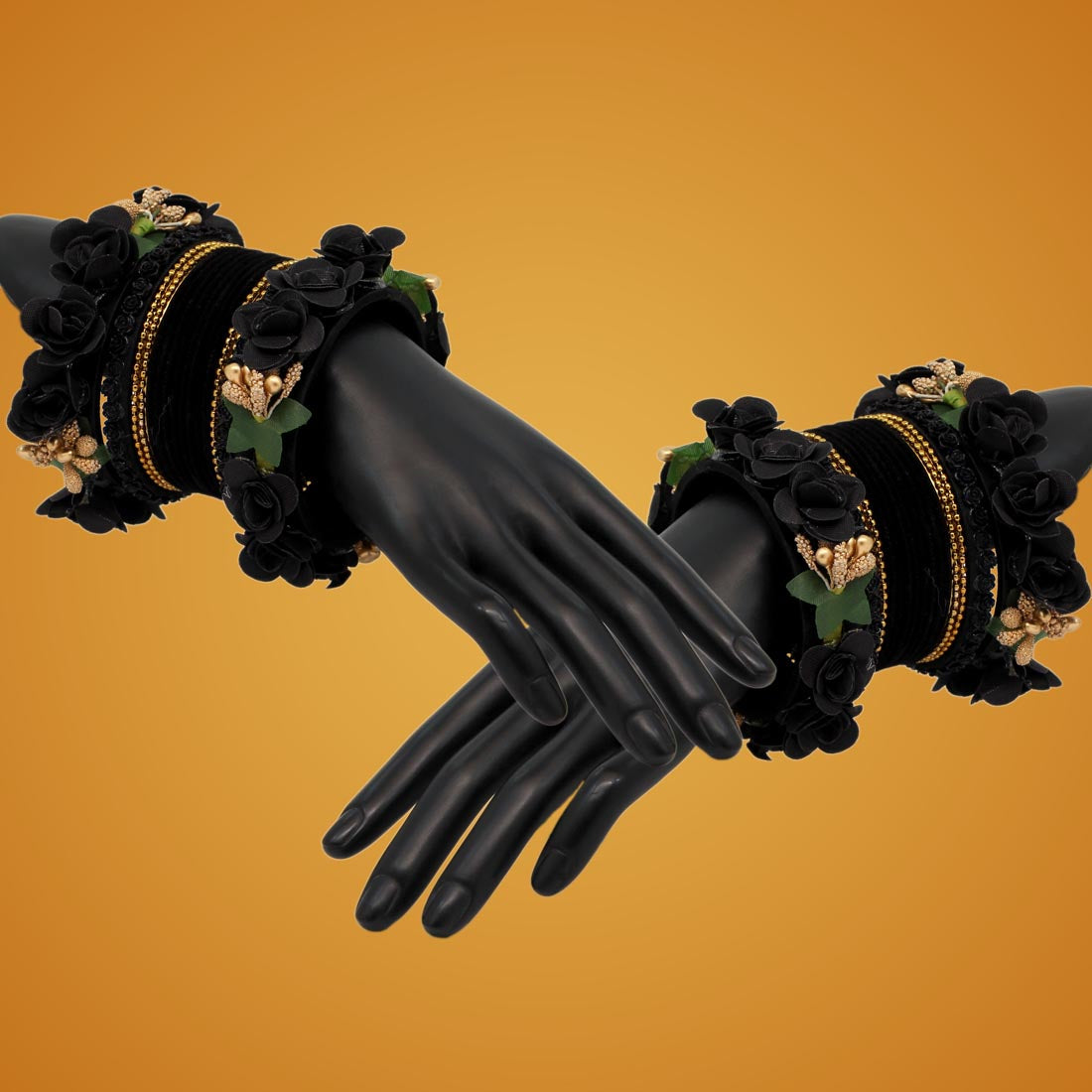 black color floral bangles set: 2.4 (trb157blk-2.4)